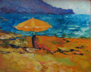 Painting titled "Yellow umbrella and…" by Serge Syrok, Original Artwork, Oil Mounted on Wood Stretcher frame
