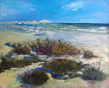 Painting titled "Sea. Beach. Umbrell…" by Serge Syrok, Original Artwork, Oil Mounted on Wood Stretcher frame