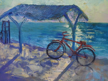 Painting titled "Sea beach. Bicycle…" by Serge Syrok, Original Artwork, Oil Mounted on Wood Stretcher frame