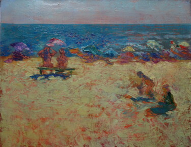 Painting titled "Sea beach." by Serge Syrok, Original Artwork, Oil Mounted on Wood Stretcher frame