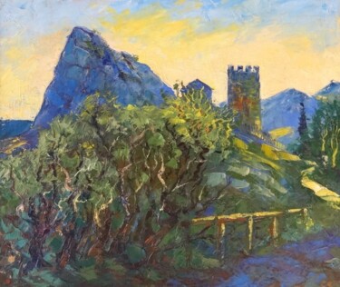 Painting titled "Watch tower. Crimea…" by Serge Syrok, Original Artwork, Oil Mounted on Wood Stretcher frame