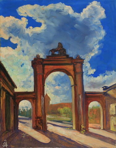 Painting titled "Entrance arch with…" by Serge Syrok, Original Artwork, Oil Mounted on Wood Stretcher frame