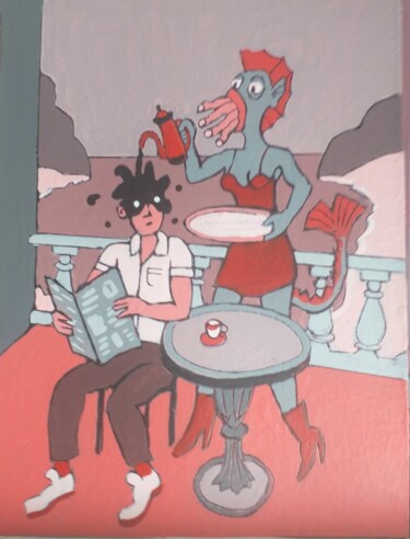 Pintura titulada "Dégustation de café" por Serge Voulouzan, Obra de arte original, Acrílico Montado en Cartulina