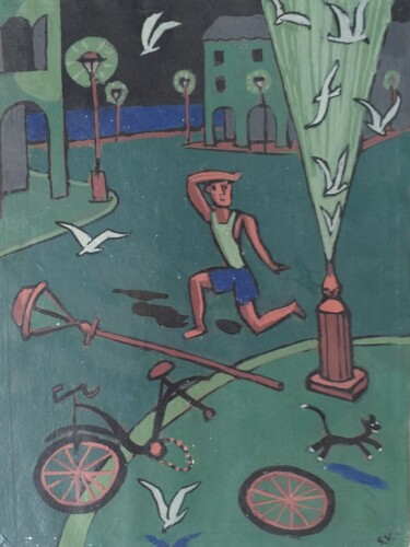 Painting titled "Accident de velo" by Serge Voulouzan, Original Artwork, Acrylic