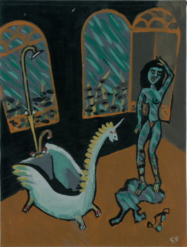 Malerei mit dem Titel "Madame pluie" von Serge Voulouzan, Original-Kunstwerk, Acryl