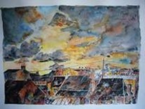 Painting titled "Coucher  de soleil…" by Serge Brizai, Original Artwork, Watercolor