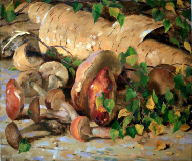 Peinture intitulée "Натюрморт с грибами" par Sergei Krupkin, Œuvre d'art originale, Huile