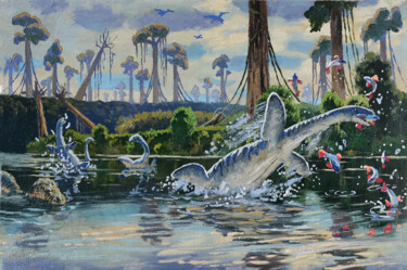 Painting titled "Плезиозавры" by Sergei Krupkin, Original Artwork, Oil