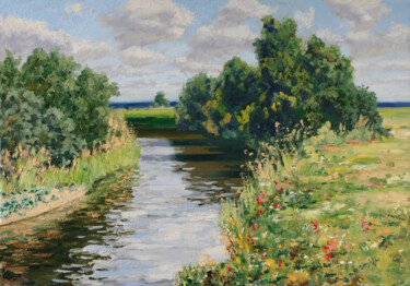 Schilderij getiteld "Kirzhach river in s…" door Sergei Krupkin, Origineel Kunstwerk, Olie