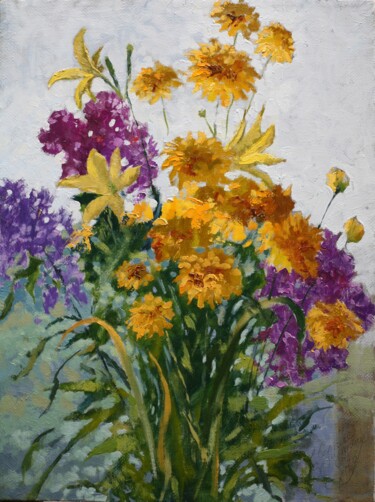 Картина под названием "bouquet with lilies" - Сергей Крупкин, Подлинное произведение искусства, Масло