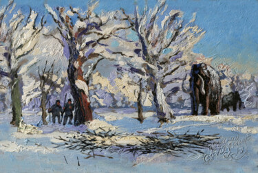 Painting titled "mammoth hunting" by Sergei Krupkin, Original Artwork, Oil