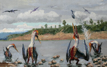 Malerei mit dem Titel "Pterodactel fishing" von Sergei Krupkin, Original-Kunstwerk, Öl