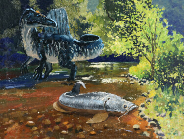 Malerei mit dem Titel "Spinosaurus Luck in…" von Sergei Krupkin, Original-Kunstwerk, Öl