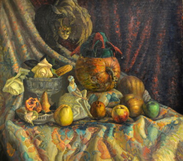 Painting titled "Still life with a d…" by Sergei Lisitsyn, Original Artwork, Oil Mounted on Wood Stretcher frame