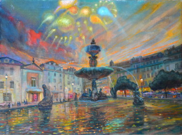 Painting titled "Salute in Lisbon, P…" by Sergei Lisitsyn, Original Artwork, Oil Mounted on Cardboard