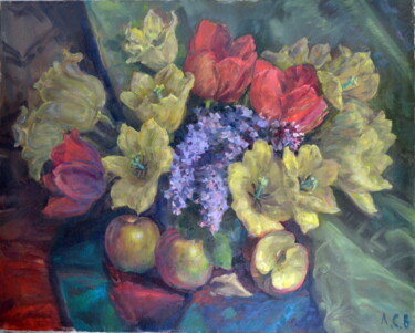 Malarstwo zatytułowany „Flowers and fruits” autorstwa Sergei Lisitsyn, Oryginalna praca, Olej Zamontowany na Drewniana rama…