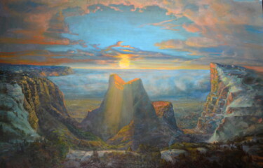 Painting titled "Sunrise in mountains" by Sergei Lisitsyn, Original Artwork, Oil Mounted on Wood Stretcher frame