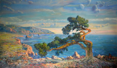 Ζωγραφική με τίτλο "Windy day" από Sergei Lisitsyn, Αυθεντικά έργα τέχνης, Λάδι Τοποθετήθηκε στο Ξύλινο φορείο σκελετό