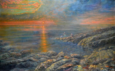 Painting titled "Evening fishing" by Sergei Lisitsyn, Original Artwork, Oil Mounted on Wood Stretcher frame