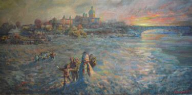 Painting titled "Winter evening on R…" by Sergei Lisitsyn, Original Artwork, Oil Mounted on Wood Stretcher frame