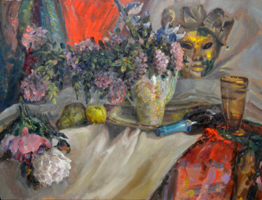Pittura intitolato "Still life with mas…" da Sergei Lisitsyn, Opera d'arte originale, Olio