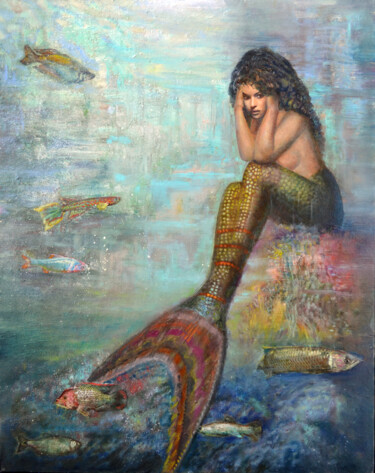 Painting titled "Mermaid" by Sergei Lisitsyn, Original Artwork, Oil Mounted on Cardboard