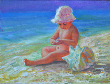 Malerei mit dem Titel "Boy on the beach" von Sergei Lisitsyn, Original-Kunstwerk, Öl