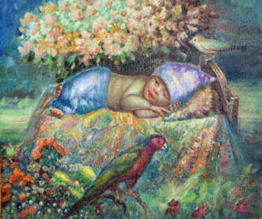 Pittura intitolato "Kid and birds" da Sergei Lisitsyn, Opera d'arte originale, Olio Montato su Cartone
