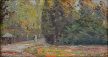 Картина под названием "Autumn in the park" - Sergei Lisitsyn, Подлинное произведение искусства, Масло Установлен на картон