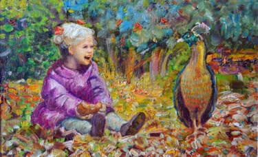 Painting titled "Meeting a bird" by Sergei Lisitsyn, Original Artwork, Oil Mounted on Cardboard