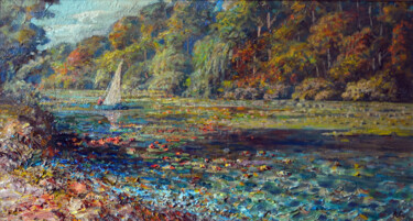 Painting titled "Summer river" by Sergei Lisitsyn, Original Artwork, Oil Mounted on Cardboard