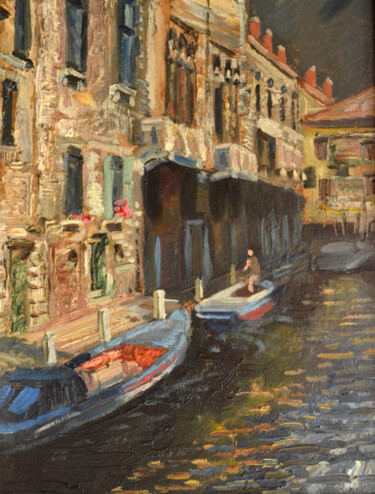 Malerei mit dem Titel "Venice' street 1" von Sergei Lisitsyn, Original-Kunstwerk, Öl Auf Karton montiert