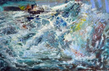 Painting titled "Sea storm" by Sergei Lisitsyn, Original Artwork, Acrylic Mounted on Cardboard