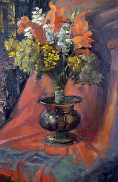 Painting titled "Flowers" by Sergei Lisitsyn, Original Artwork, Oil Mounted on Cardboard
