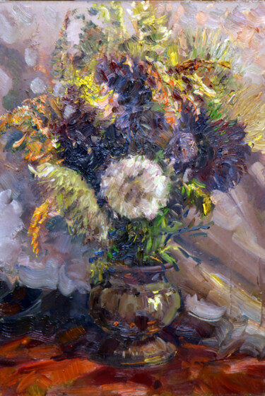 Malerei mit dem Titel "Autumn flowers" von Sergei Lisitsyn, Original-Kunstwerk, Öl Auf Karton montiert