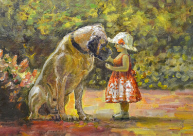 Painting titled "Faithful friends" by Sergei Lisitsyn, Original Artwork, Oil Mounted on Cardboard
