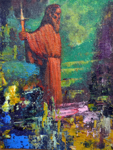 Pittura intitolato "Hermit before the g…" da Sergei Lisitsyn, Opera d'arte originale, Olio Montato su Cartone