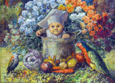 Painting titled "Little Chef" by Sergei Lisitsyn, Original Artwork, Oil Mounted on Cardboard