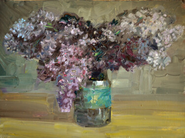 Painting titled "Lilac" by Sergei Lisitsyn, Original Artwork, Oil Mounted on Cardboard