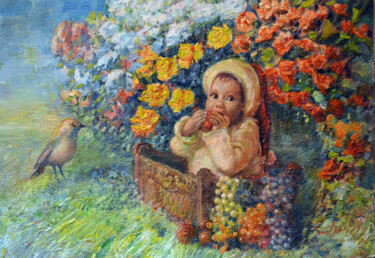 Pittura intitolato "Baby among flowers" da Sergei Lisitsyn, Opera d'arte originale, Olio