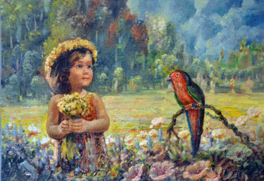 Pintura intitulada "Girl picking flowers" por Sergei Lisitsyn, Obras de arte originais, Óleo