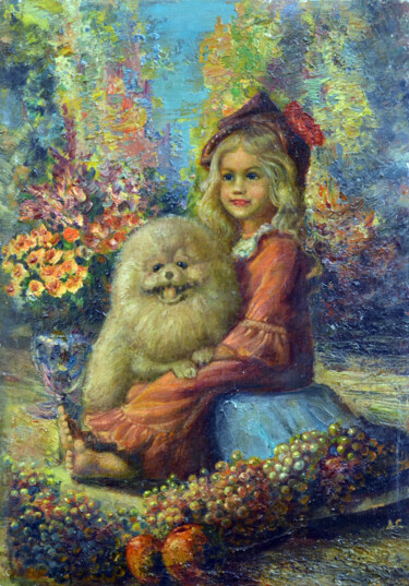 Peinture intitulée "Girl with a dog" par Sergei Lisitsyn, Œuvre d'art originale, Huile