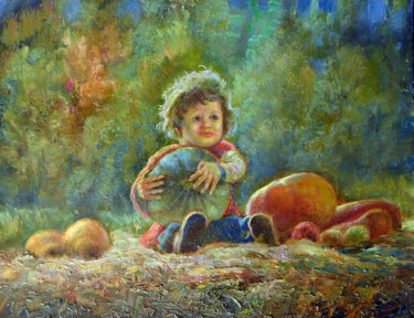 Painting titled "Child with watermel…" by Sergei Lisitsyn, Original Artwork, Oil Mounted on Cardboard
