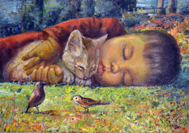 Pittura intitolato "Sleeping boy with a…" da Sergei Lisitsyn, Opera d'arte originale, Olio