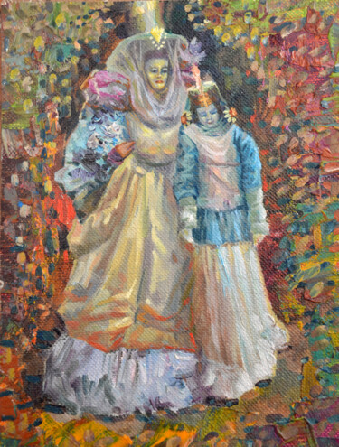Pintura intitulada "At the carnival" por Sergei Lisitsyn, Obras de arte originais, Óleo Montado em Cartão