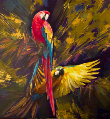 Painting titled "Parrots" by Sergei Minin, Original Artwork, Acrylic Mounted on Wood Panel