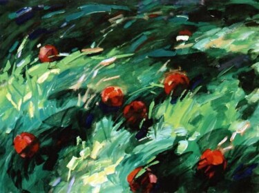 Painting titled "Apples on the Grass" by Sergej Jakovlev, Original Artwork, Oil