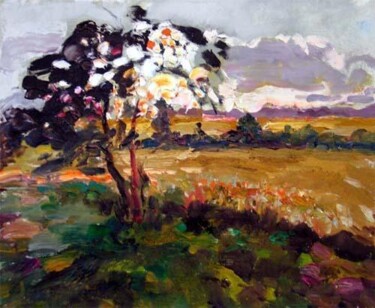 Painting titled "Evening Field" by Sergej Jakovlev, Original Artwork, Oil