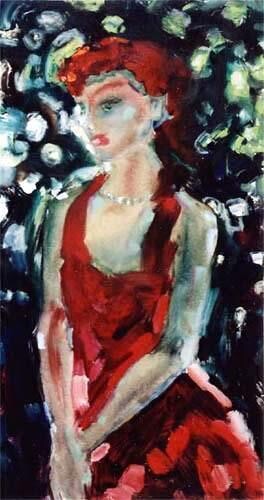 Painting titled "Girl in Red" by Sergej Jakovlev, Original Artwork, Oil