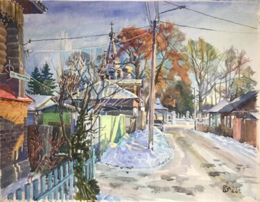 Malerei mit dem Titel "В январе на ул. Про…" von Sergej Smirnov, Original-Kunstwerk, Aquarell